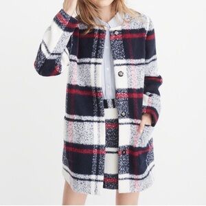 Abercrombie And Fitch Plaid Collarless Wool Blend Coat Red Blue White Women XS